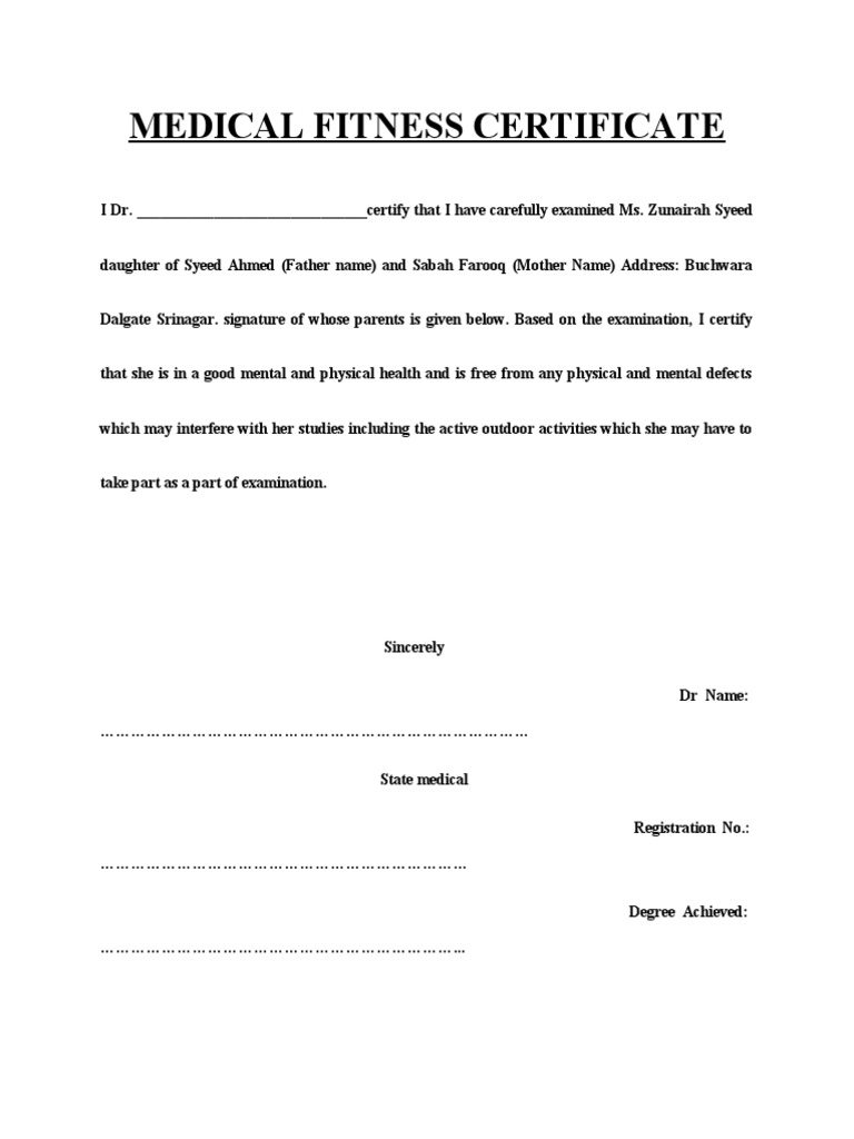 Medical Fitness Certificate for Students | PDF