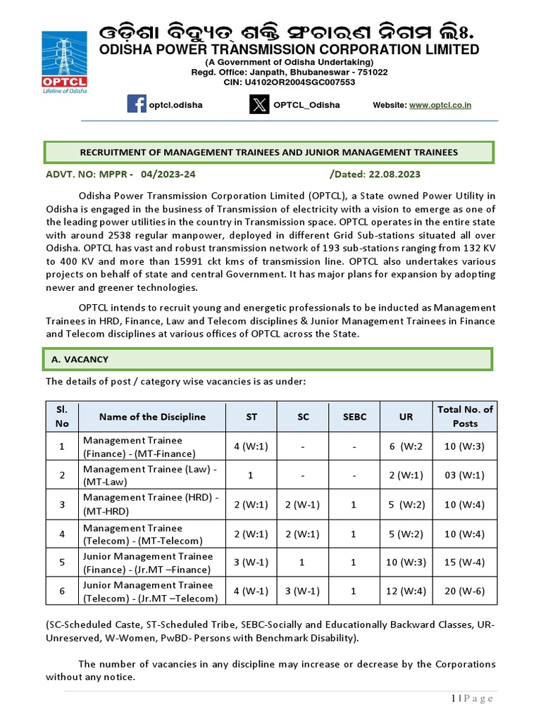 OPTCL Recruitment 2023: Trainee Positions | PDF | Business | Finance ...