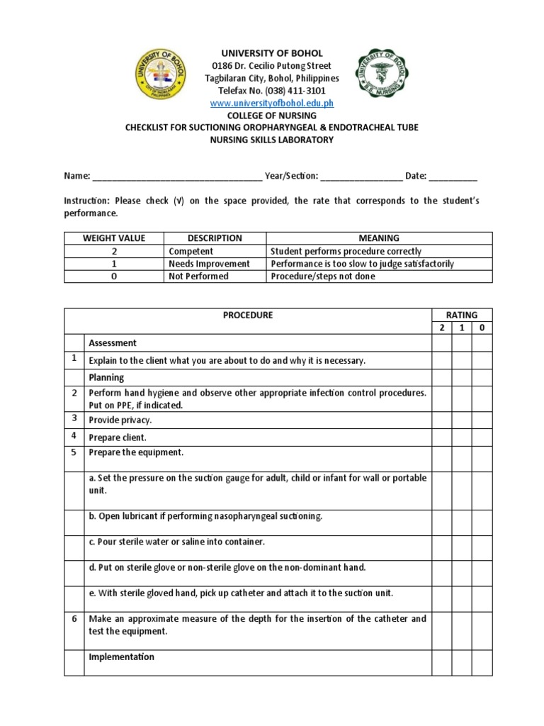 Oropharyngeal Endotracheal Suctioning Checklist | PDF | Clinical ...