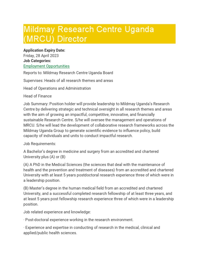 Director Role at Mildmay Research Centre | PDF | Science | Medicine