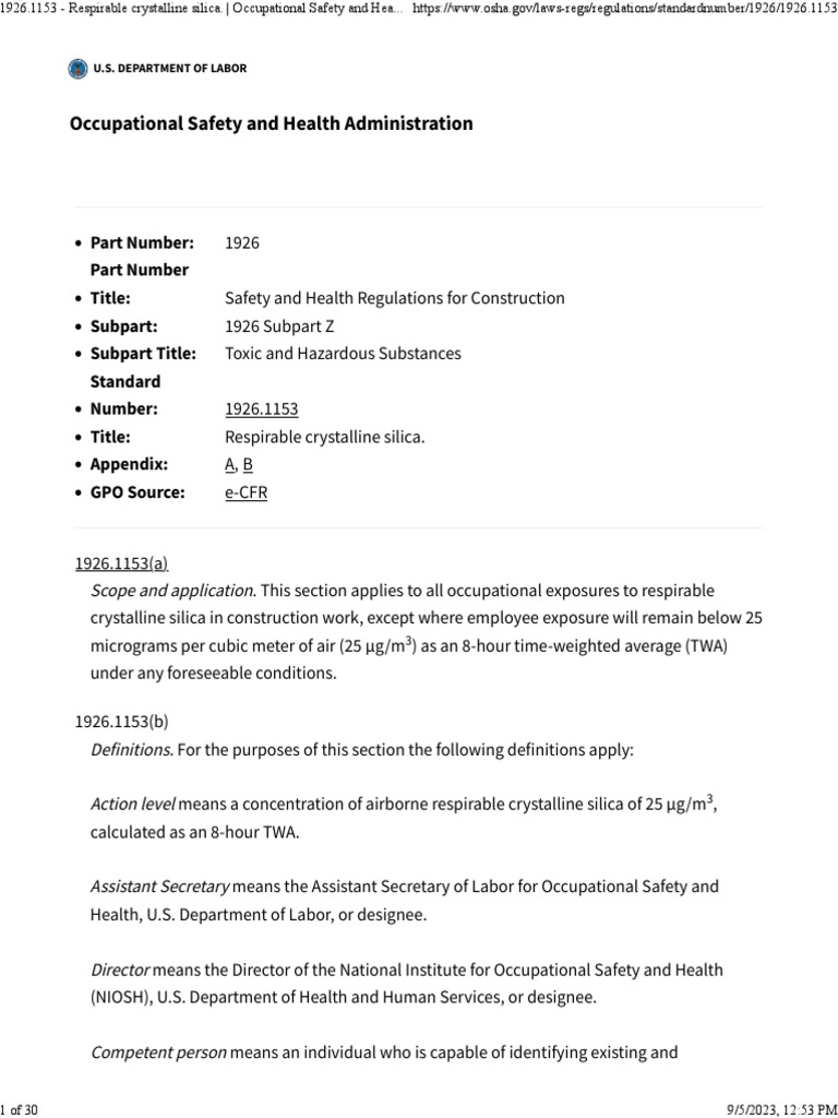 1926.1153 Respirable Crystalline Silica. Occupational Safety and