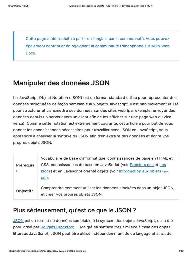 Manipulation des données JSON en JavaScript | PDF | JSON | JavaScript