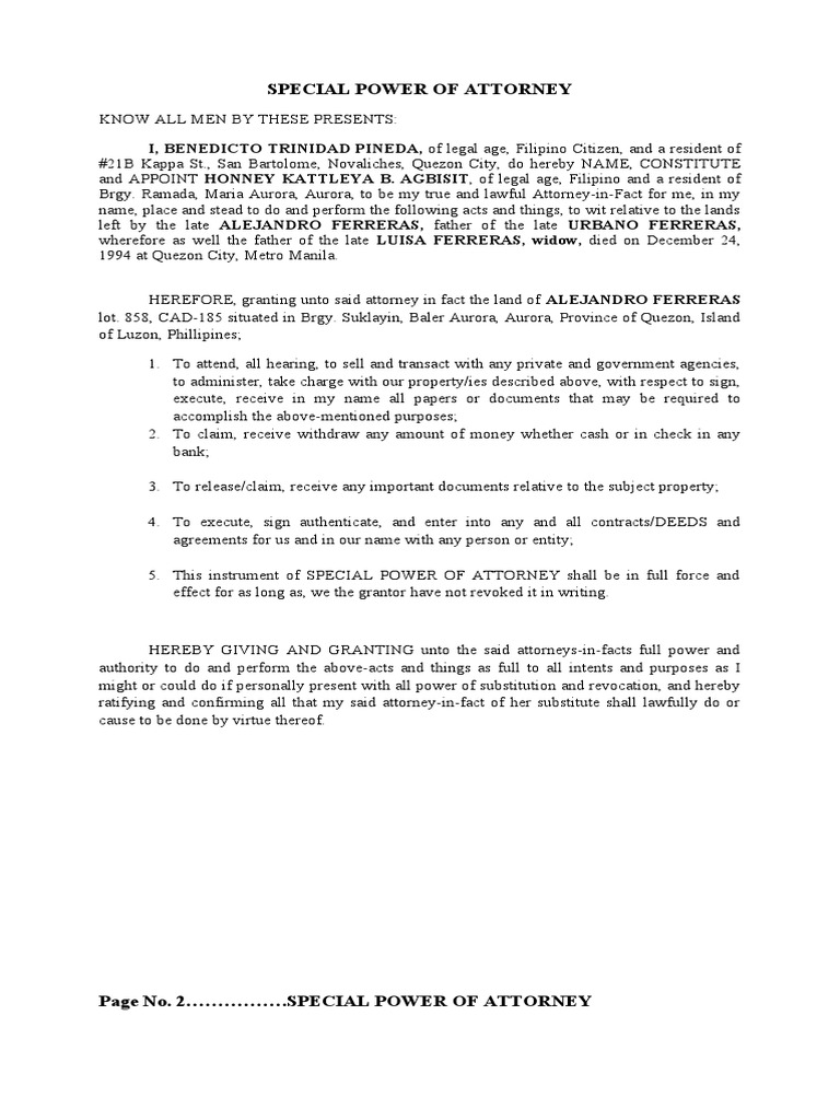 Special power of attorney i benedicto trinidad pineda of legal age
