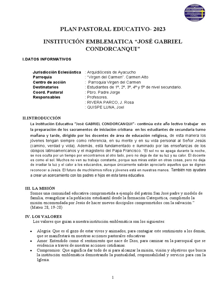 Plan Pastoral Educativo 2023 en Ayacucho | PDF | Iglesia Católica ...