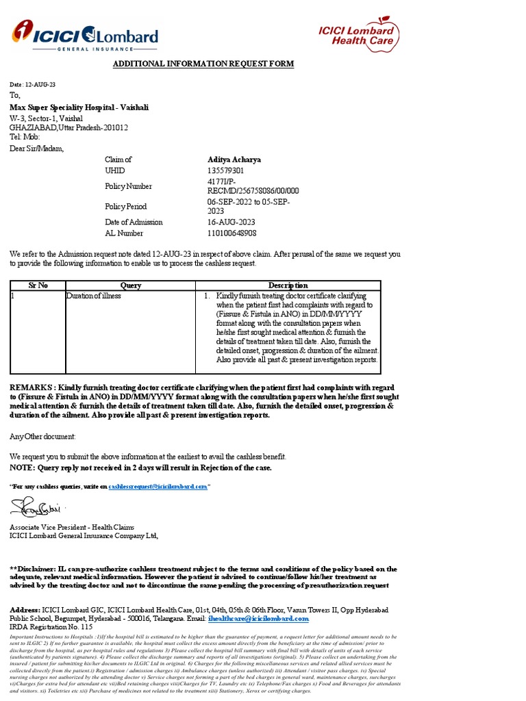 ICICI Lombard Cashless Claim Request | PDF | Hospital | Patient