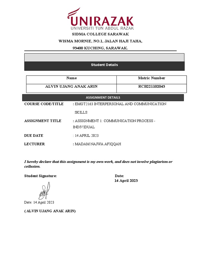 Assignment 1 Communication Process Individual Original Pdf
