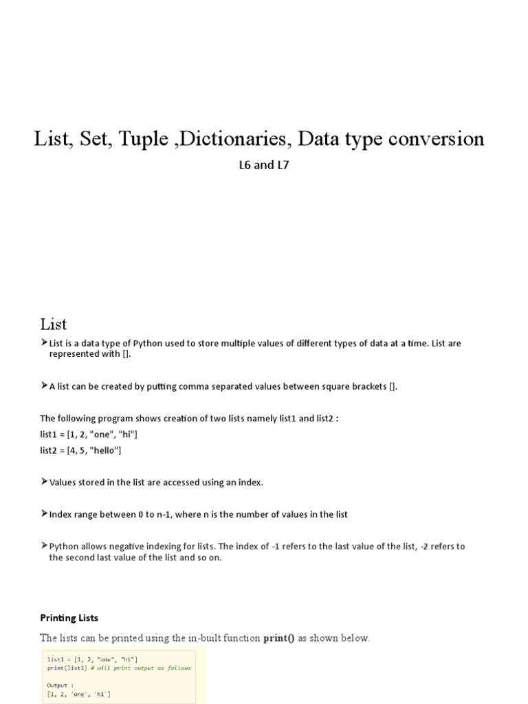 UNIT1 Lesson 6 and 7list - Set - Tuple - Dictionaries - Type Conversion ...