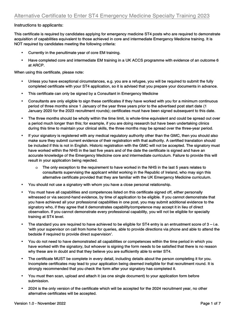 Emergency Medicine ST4 2024 Alternative Certificate 1 PDF
