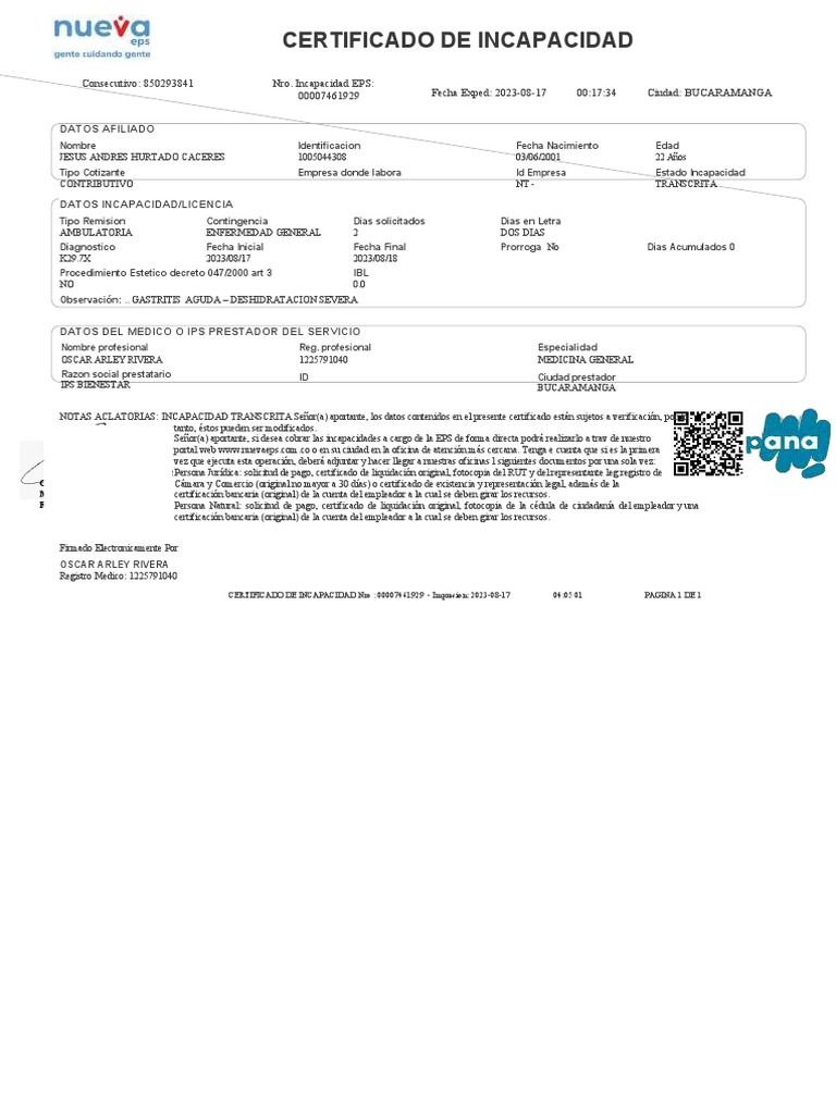 Certificado de Incapacidad EPS 2023 | PDF