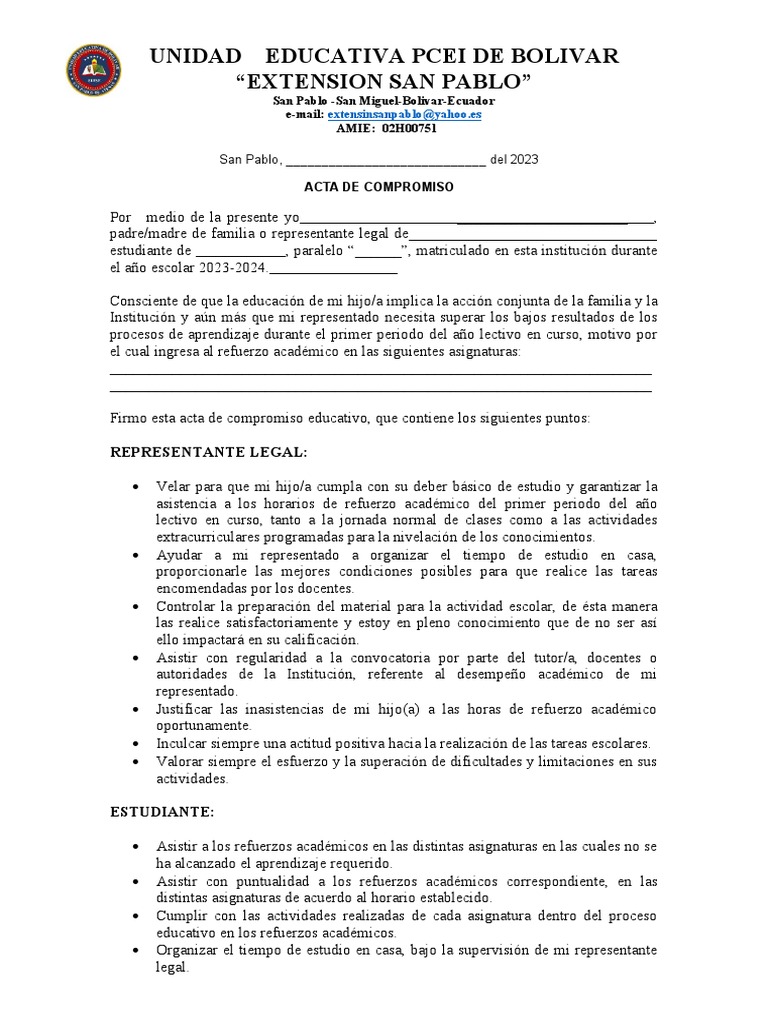 Acta de Compromiso Refuerzo Escolar 2023 | PDF | Aprendizaje ...