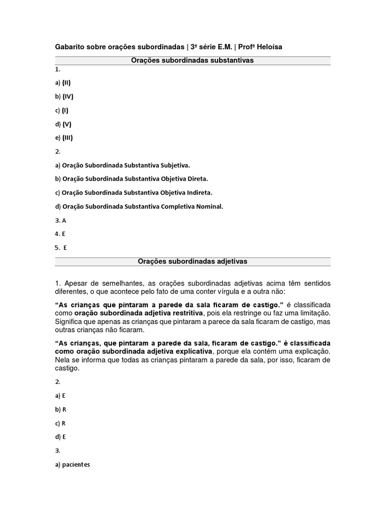 Gabarito Sobre Exercicios de Orações Subordinadas | PDF