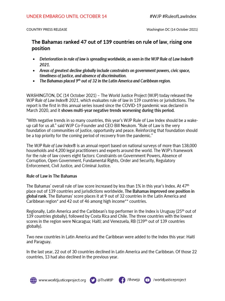 The Bahamas 2021 WJP Rule of Law Index Country Press Release PDF