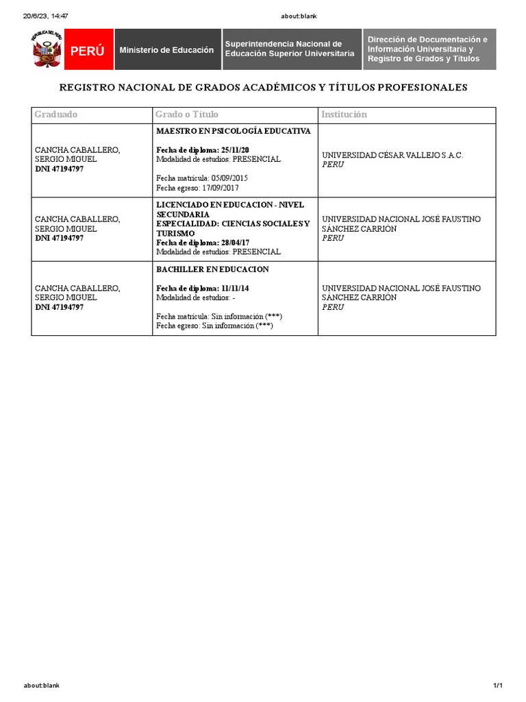 Sunedu Constancia De Registro De Titulo