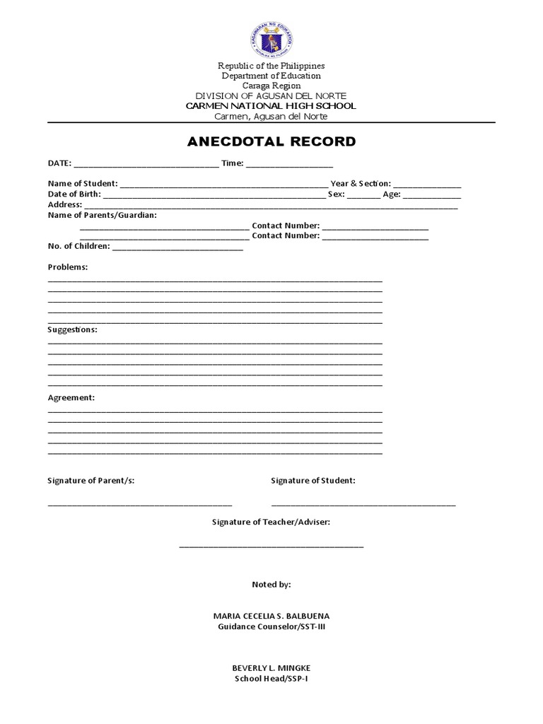 Anecdotal Record Template for Students | PDF