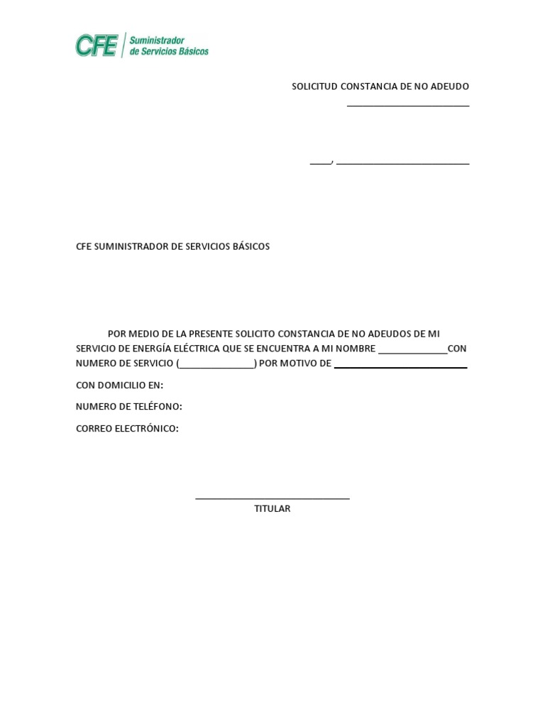 Solicitud de Constancia de No Adeudo CFE | PDF