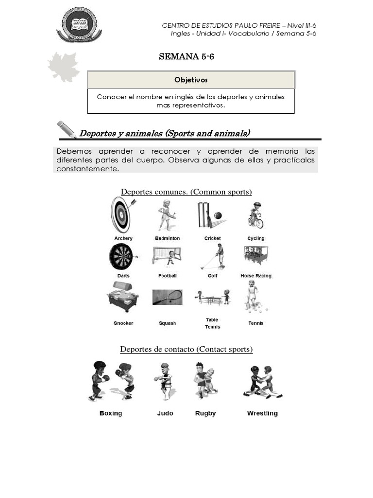 Vocabulario de Deportes y Animales en Inglés | PDF | Artes del Lenguaje ...