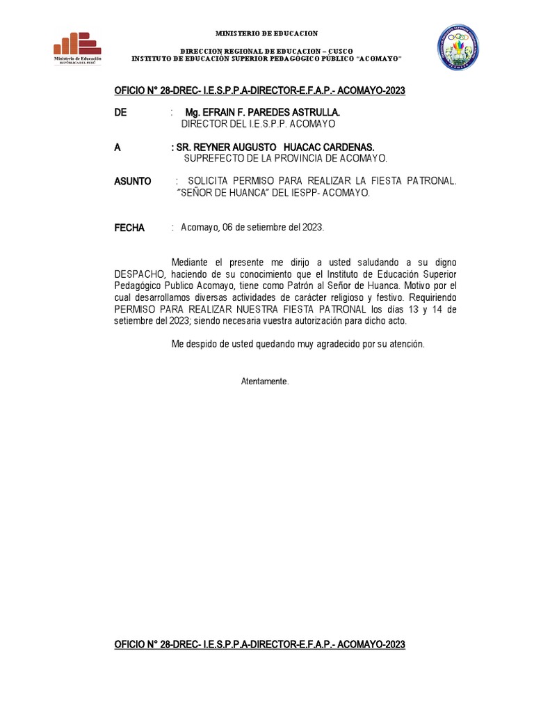 Solicitud de Permiso Fiesta Patronal Acomayo | PDF | Ciencias sociales