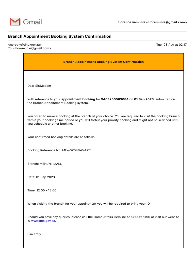 Branch Appointment Booking System Confirmation PDF