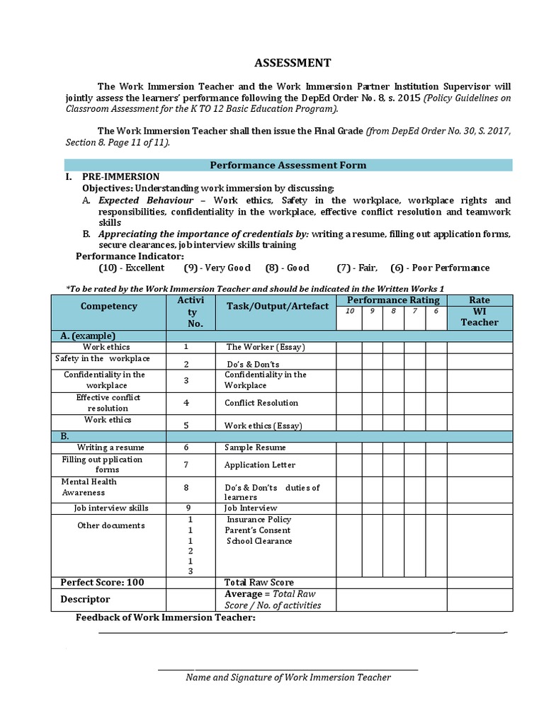 Grade 12 Work Immersion Assessment Guide | PDF | Business Process | Job ...