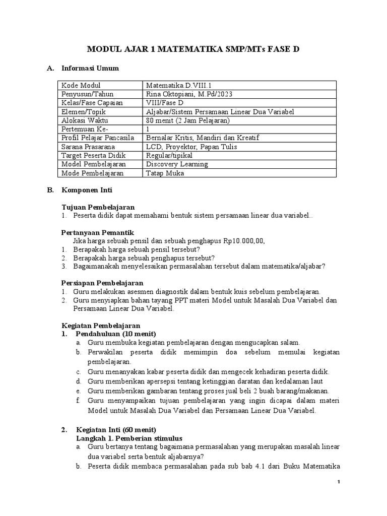 Bab 4 SPLDV Modul Ajar Matematika SMP Kelas Viii | PDF | Metode & Bahan ...