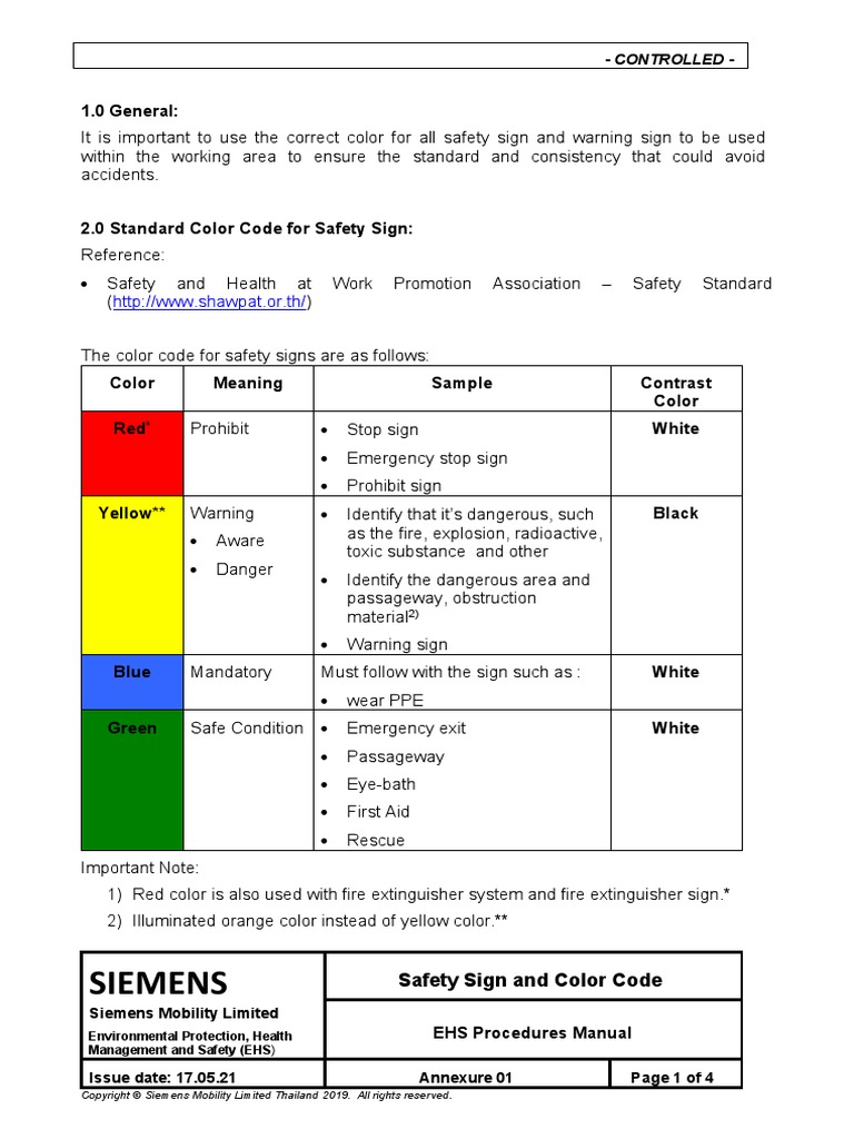 Annexure 01 Safety Sign and Color Code PDF Safety Color