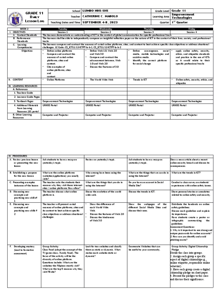 Grade 11 Empowerment Tech Lesson Plan | PDF | Educational Technology ...