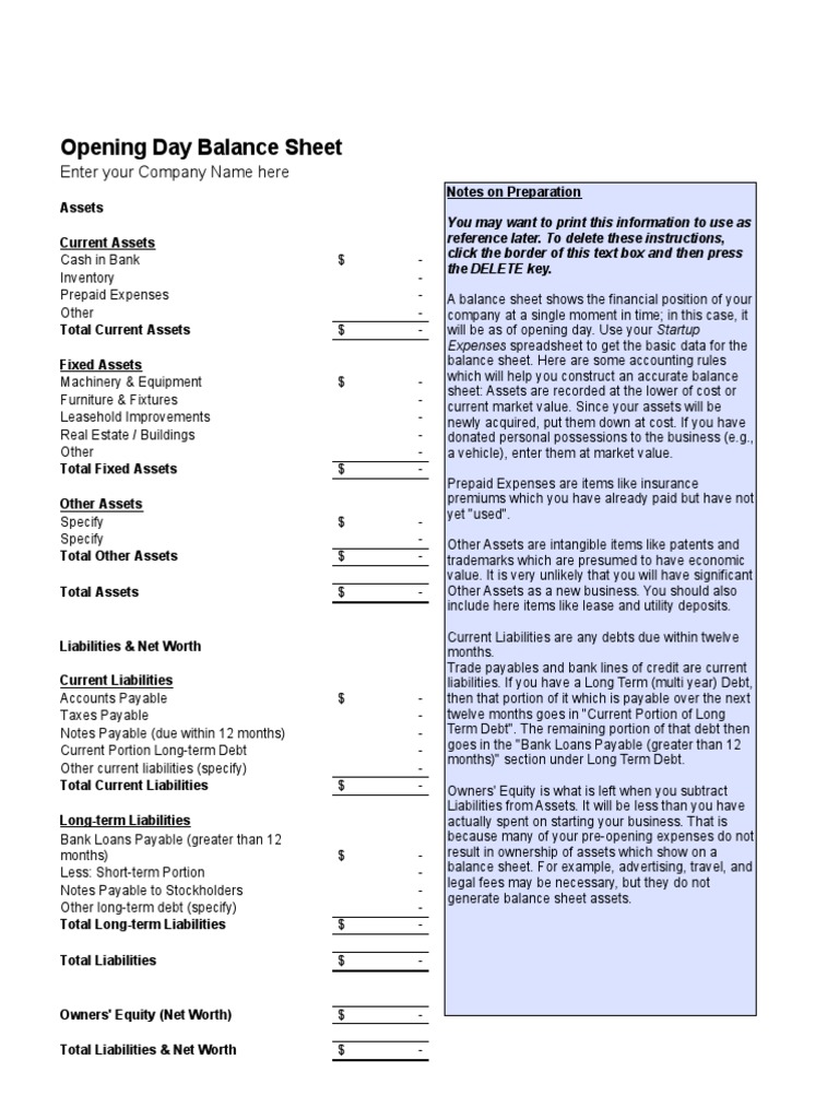 Opening Day Balance Sheet | PDF | Balance Sheet | Equity (Finance)