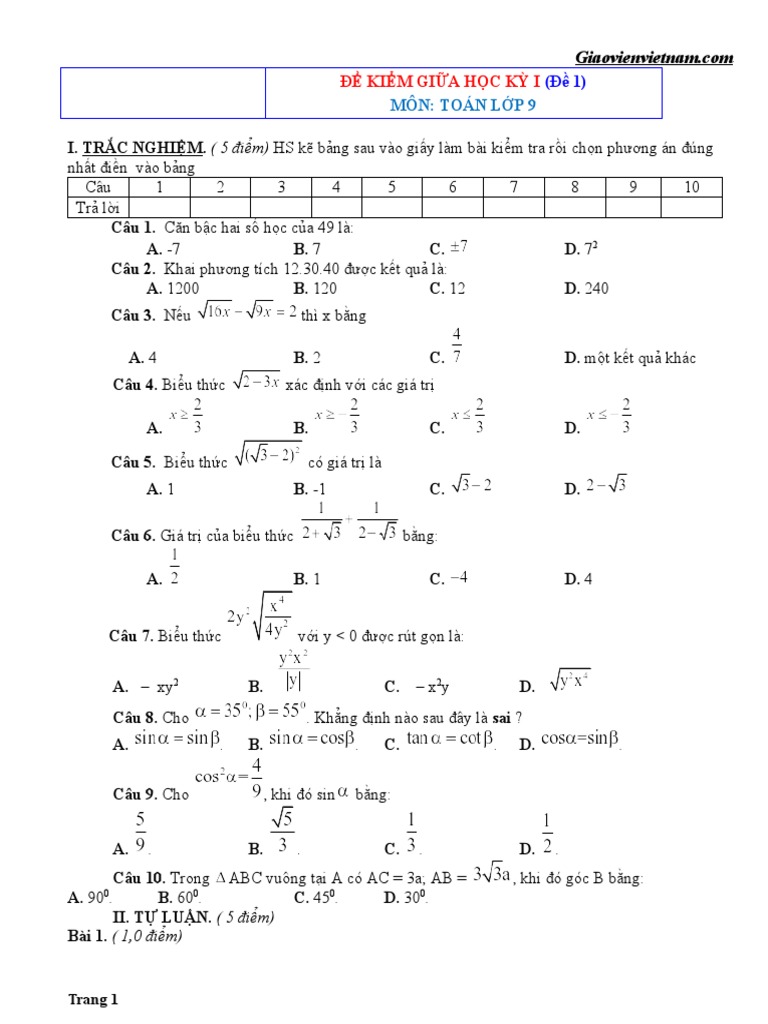 10 de Thi KT Giua HK1 Toan 9 CO DAP An | PDF