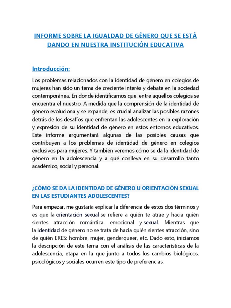 Informe Sobre La Igualdad De Género Que Se Está Dando En Nuestra