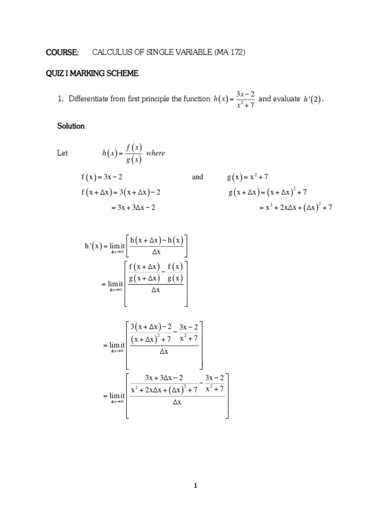 2021 Calculus MA 172 Quiz I Marking Scheme-1 | PDF | Rates | Applied ...