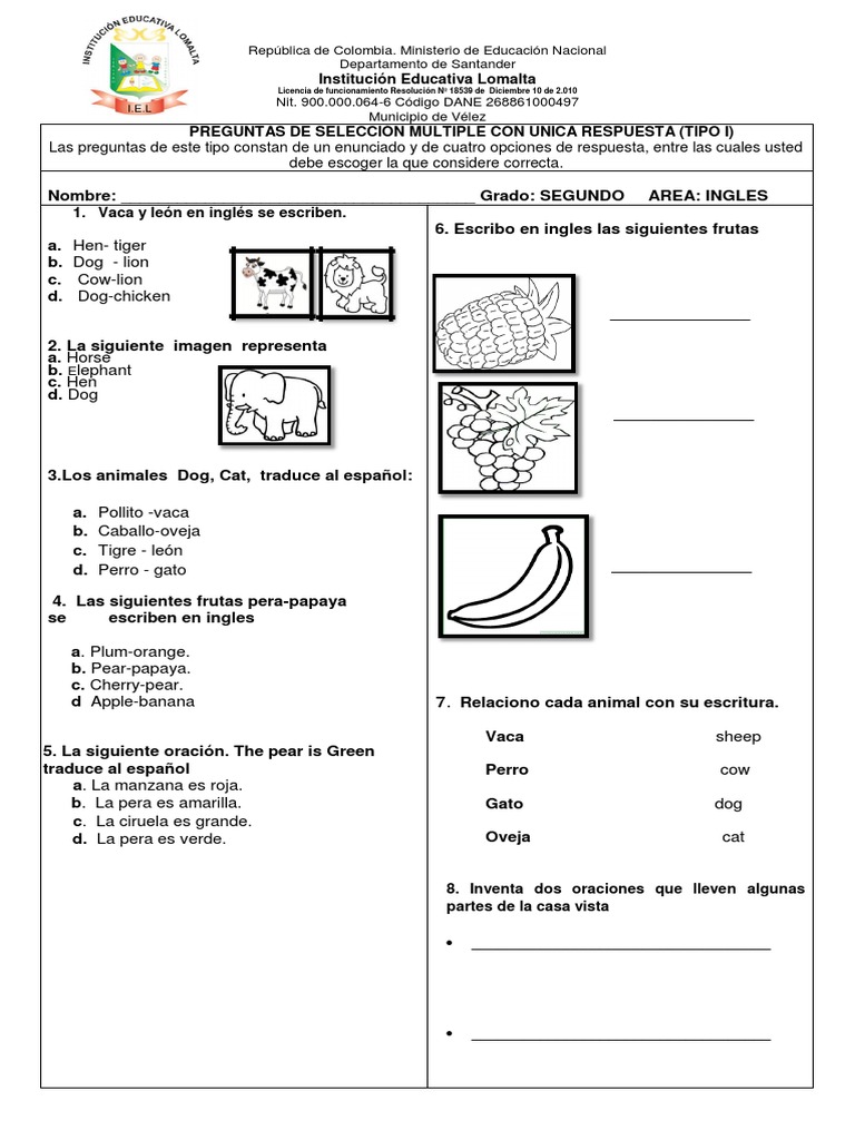 Evaluación de Inglés para Segundo Grado | PDF