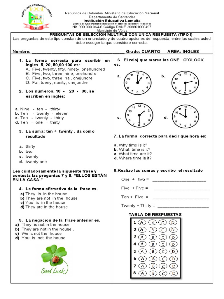 Evaluación de Inglés 4to Grado | PDF
