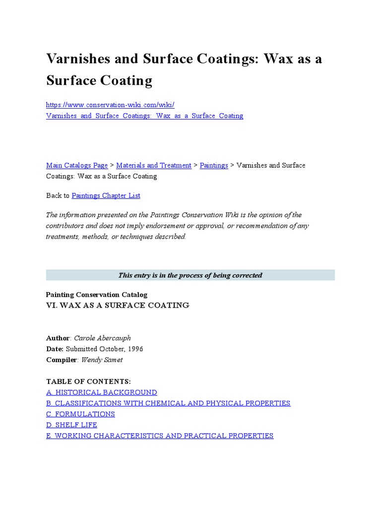 Conservation Wax As A Conservation Coating Varnishes and Surface Coatings PDF Wax Varnish