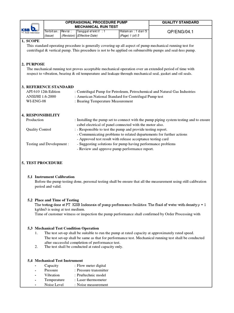 Mechrun Test Procedure | PDF | Pump | Valve