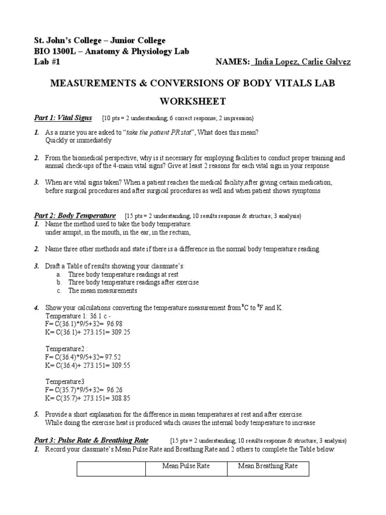 Vital Signs Lab Worksheet for Nursing Students | PDF | Body Mass Index ...