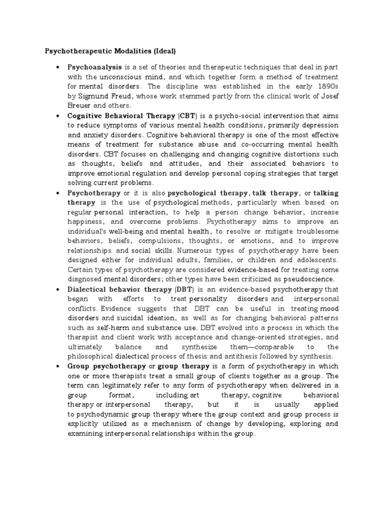 Overview of Psychotherapy Modalities | PDF | Psychotherapy | Cognitive ...