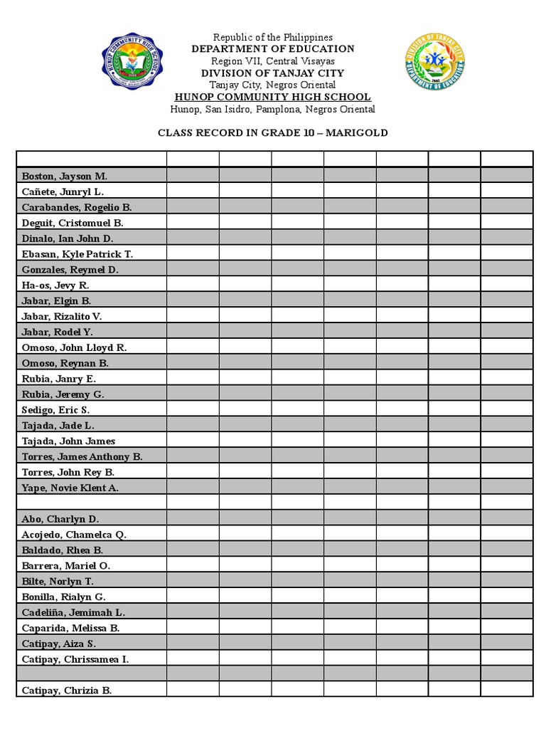Grade 10 Class Record - Hunop School | PDF