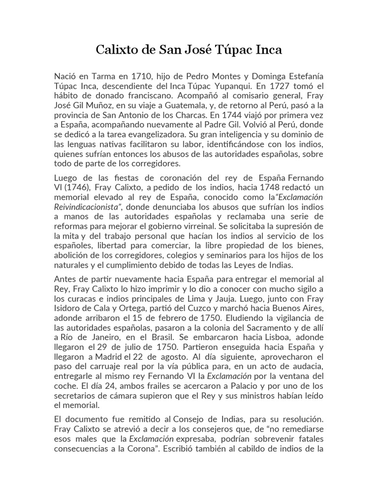 Calixto de San José Túpac Inca PDF Nueva españa Perú