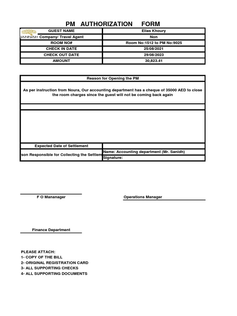 PM Authorization for Room Charge Settlement | PDF