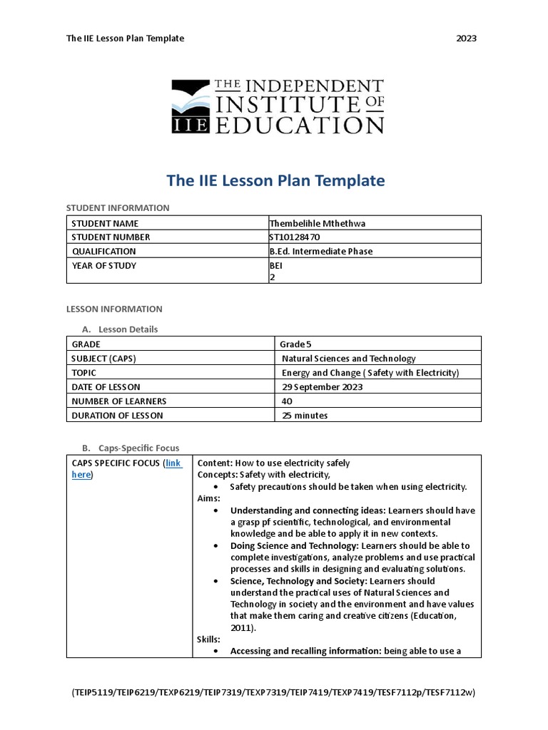 Natural Science and Technology Lesson Plan 1 PDF Lesson Plan Learning