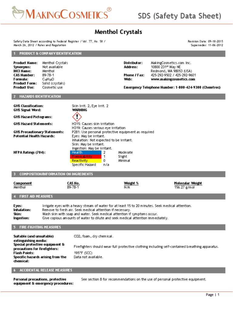 Menthol Crystals Safety Data Sheet | PDF | Dangerous Goods | Physical ...
