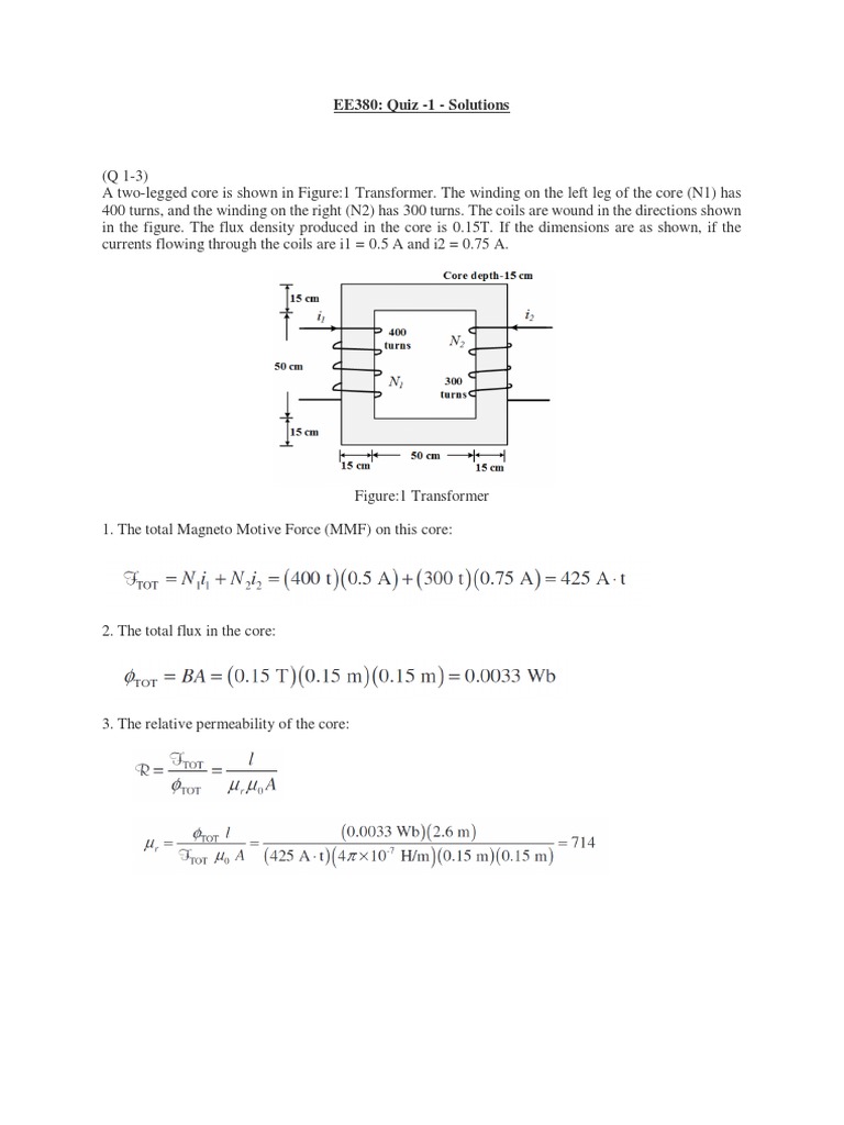 EE380 Transformer Quiz Solutions | PDF | Teaching Methods & Materials ...