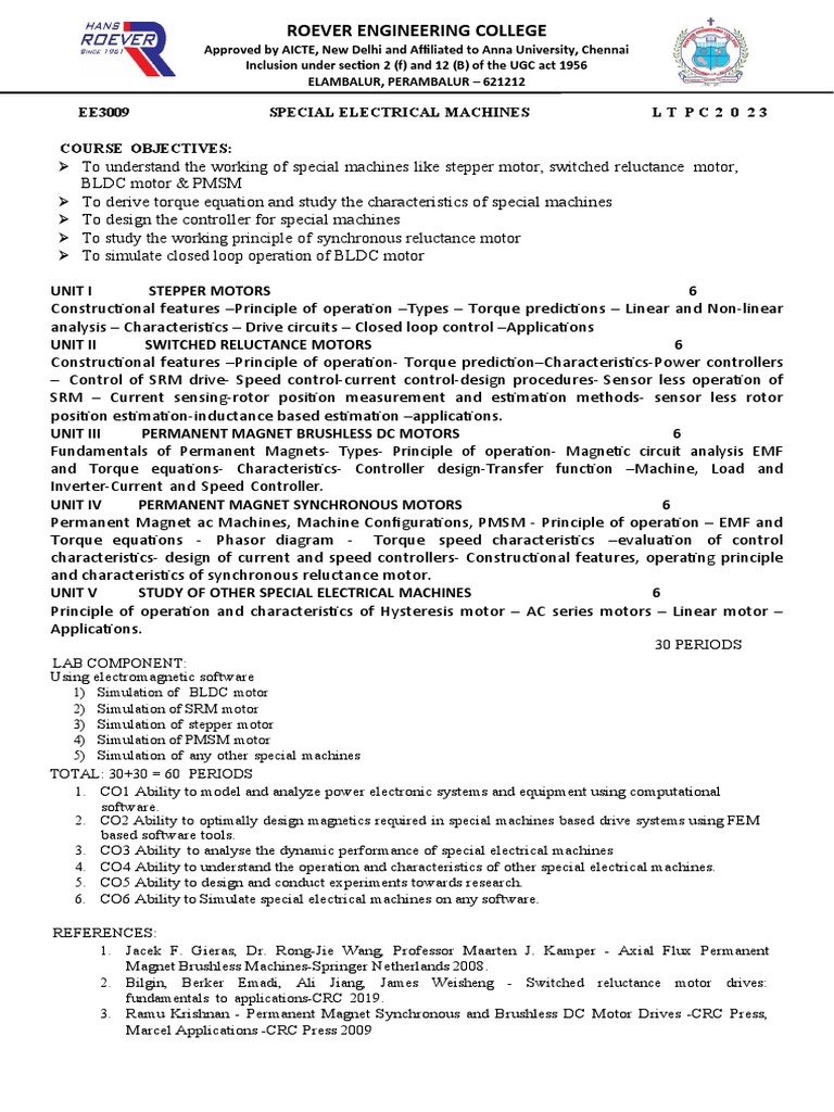 Syllabus Ee3009 Special Electrical Machines PDF Electric Motor Vehicle Technology