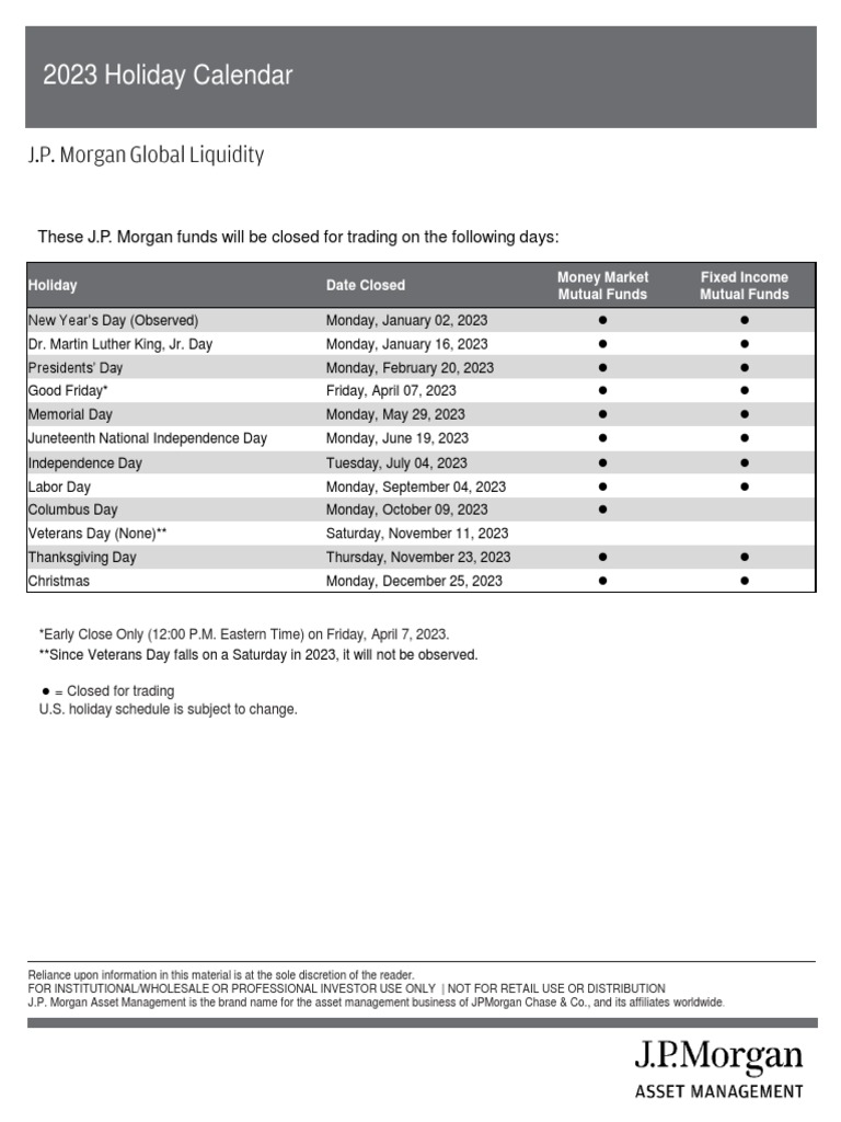 2023 Holiday Calendar Us PDF Jp Chase Investing