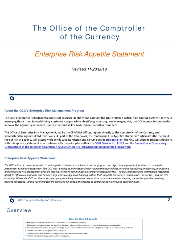 OCC Enterprise Risk Appetite Overview | PDF | Risk | Regulatory Compliance