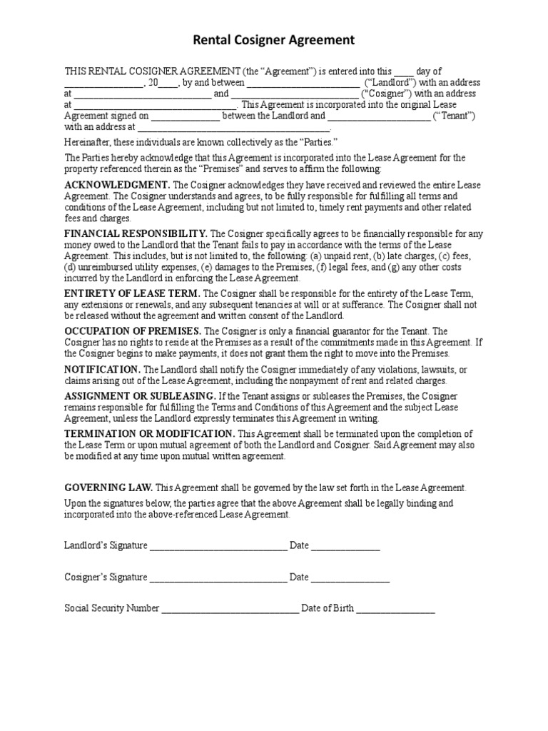 Cosigner Lease Agreement Cosigner Lease Agreement