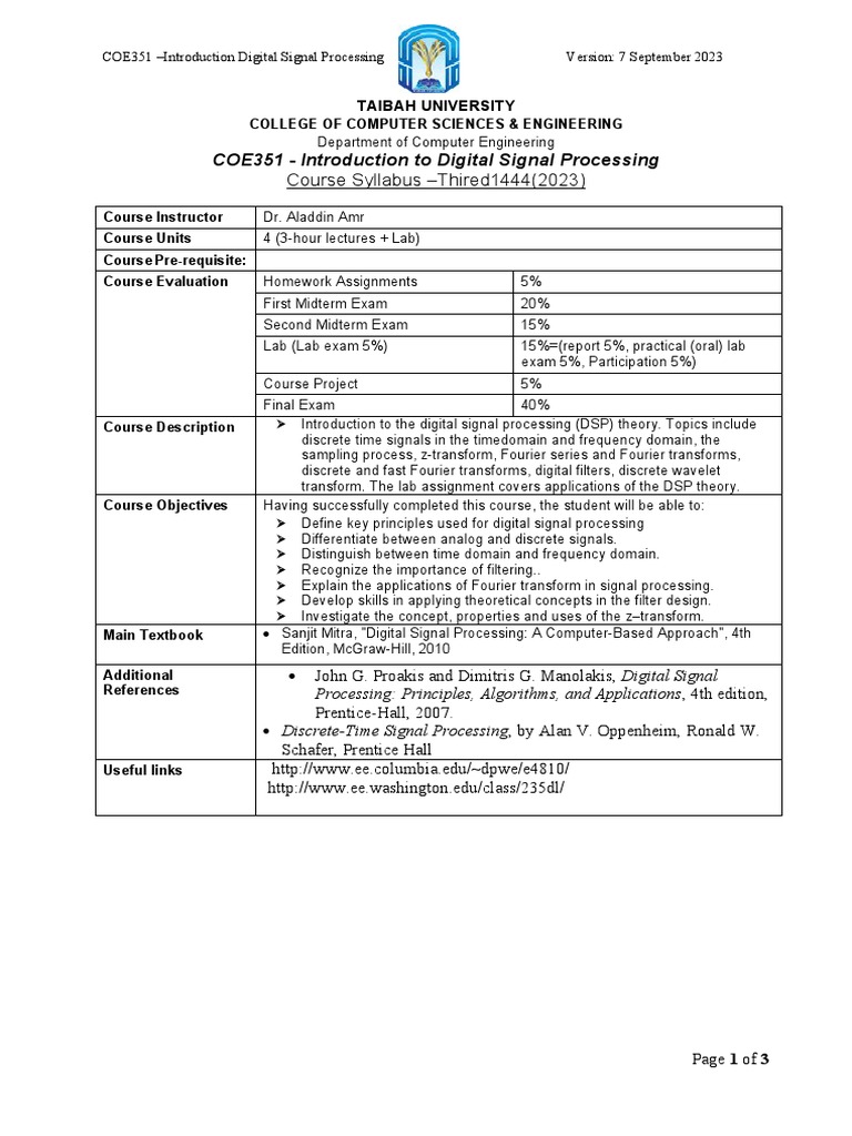 Digital Signal Processing Course Syllabus | PDF | Digital Signal ...