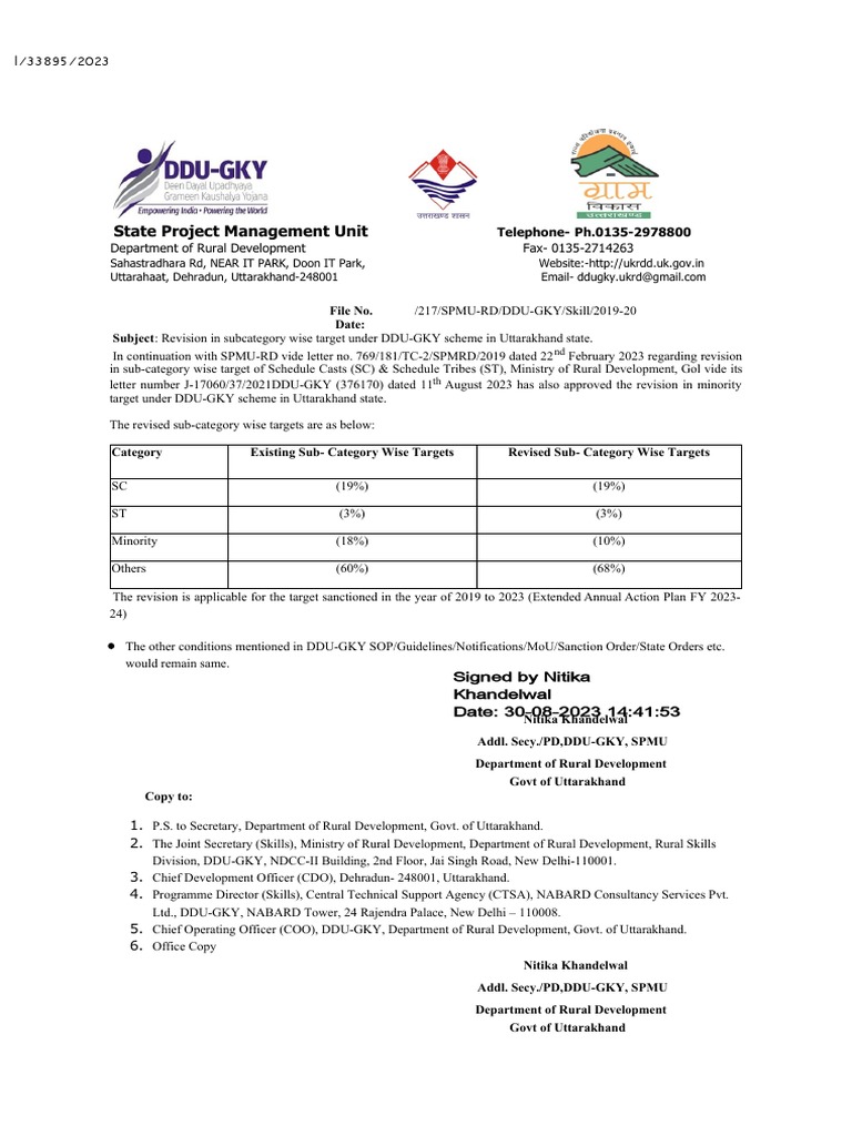 Revision in Subcategory Wise Target Under DDU-GKY Scheme in Uttarakhand ...