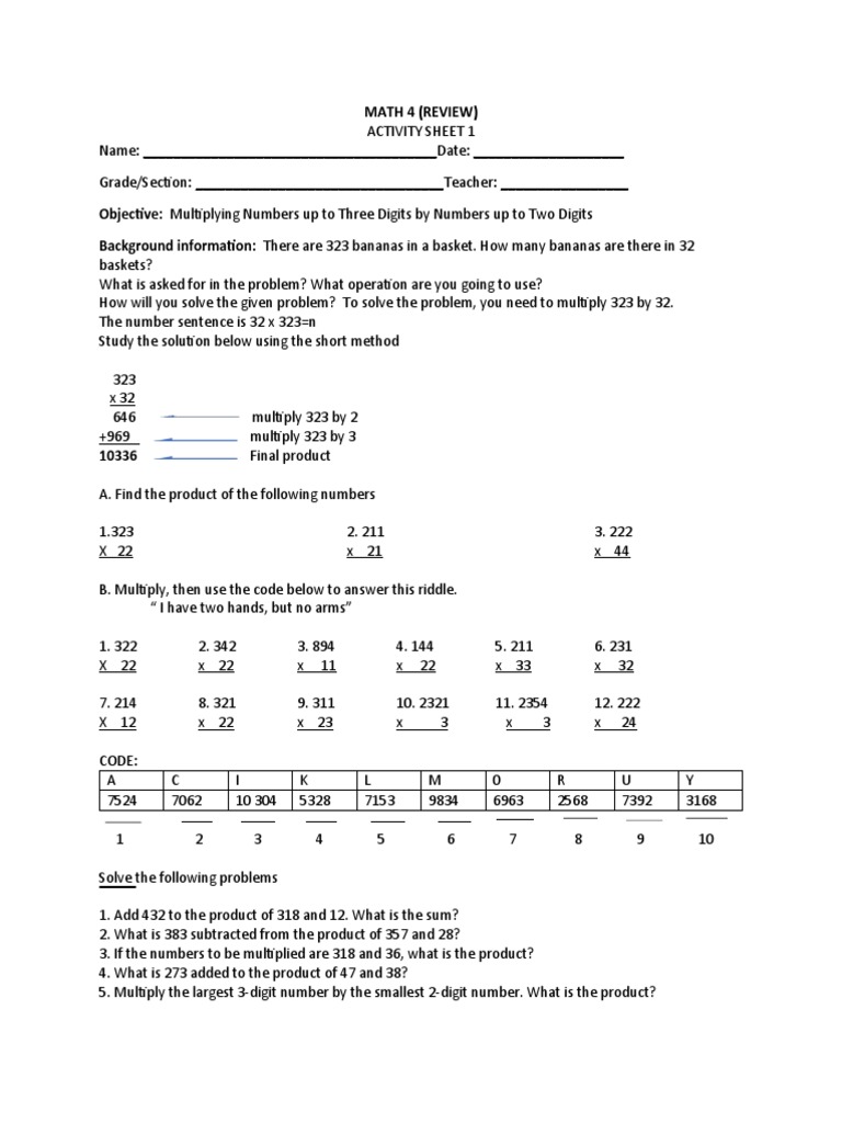 Math 4 Review Activity Sheets | PDF | Numbers | Mathematical Notation