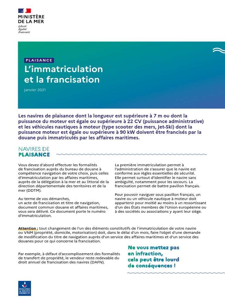 Immatriculation Francisation Navires de Plaisance 4p DEF 